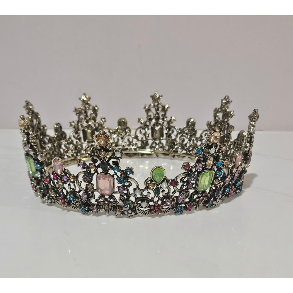 Multi Color Rhinestone Full Round Crown Tiara Pageant - Picture 4 of 11